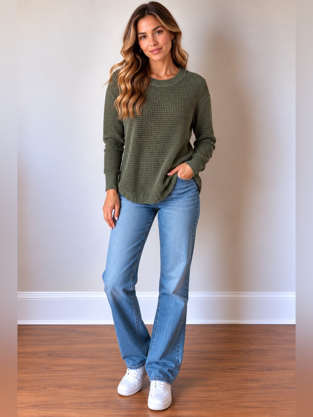 Kismet Olive Green Waffle Knit Crewneck Sweater